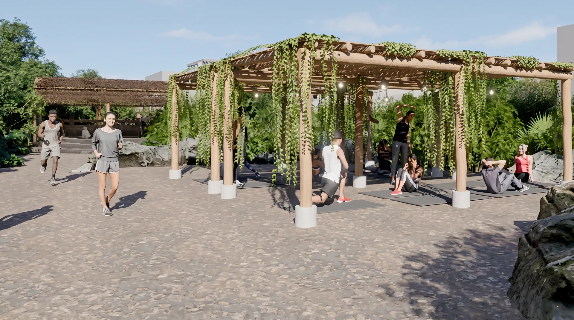 Render área de gimnasio y yoga de Aldea Mila Ciudad Arcoíris