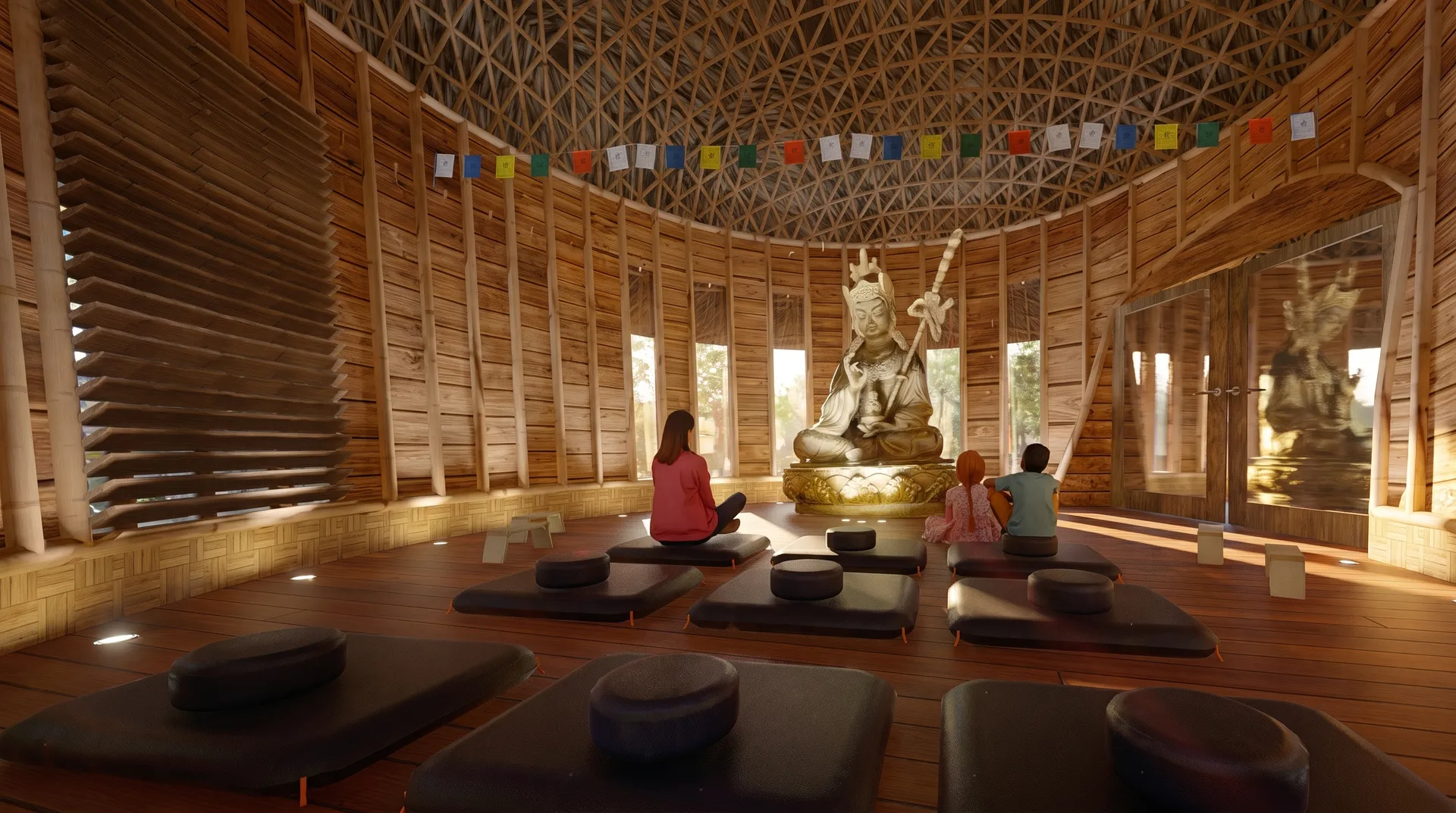 Render del templo de meditación de Aldea Mila